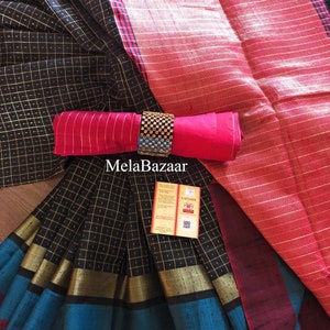 Black Saree Pure Tussar Silk with Zari Weaving /Silk Mark Certified/ Free Shipping In US