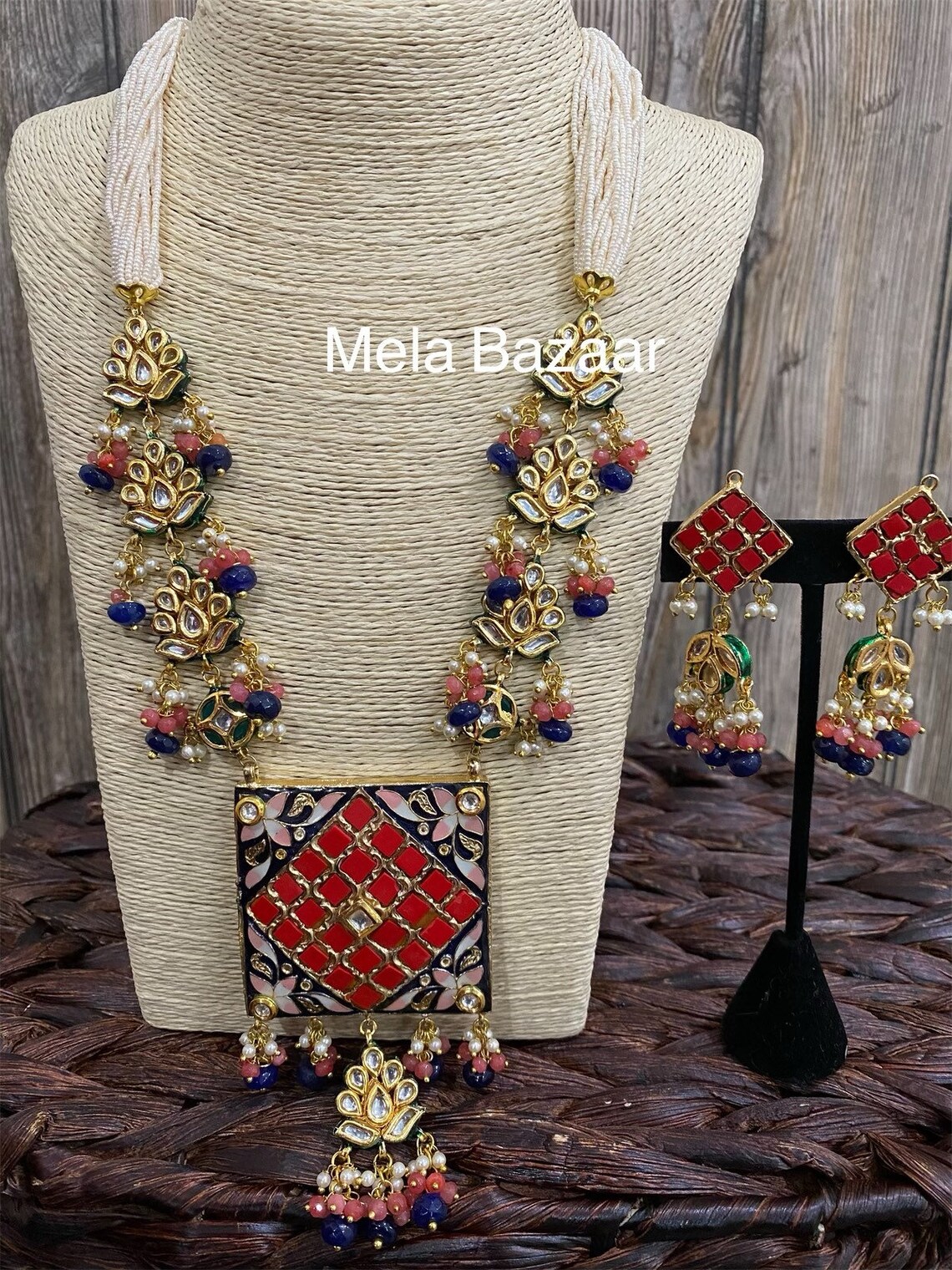 JP511 - Kundan necklace with meenakari stone and pearl work with matching earings Maangtika main image 0