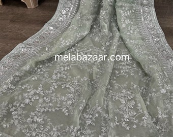 Embroidered Organza Light Mint Green and Silver Dupatta /Stole /Wrap, Free Shipping in US