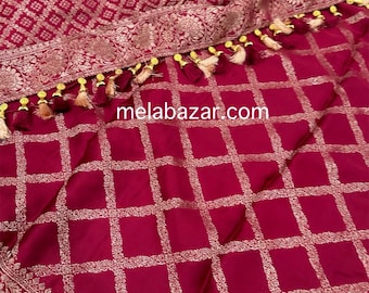 Cherry Red Gajji Silk Banarsi Saree / Free Shipping in US