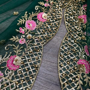 Bottle Green Embroidered Net Dupatta With Sequinned