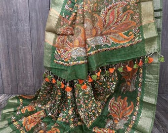 Kalamkari Print Green Silk Linen Saree / Free Shipping In US