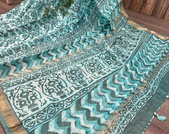 Aqua Blue Hand Printed Silk Cotton Saree /Fall Attached /Free Shipping In US
