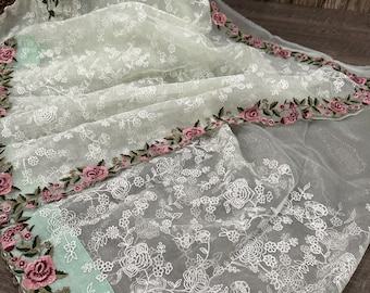 Sari in organza verde menta chiaro ricamato / Spedizione gratuita negli Stati Uniti