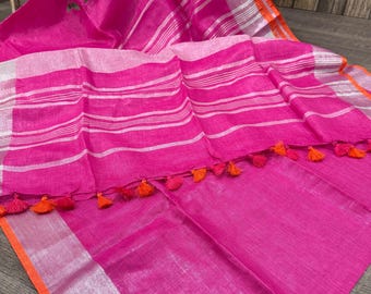 Pink Pure Linen Saree / 100 Count Linen / Free Shipping In US