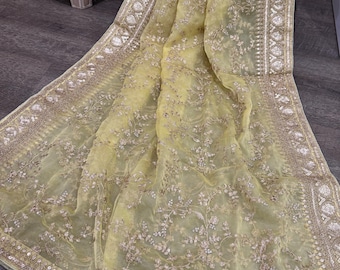 Embroidered Organza Pale Yellow Dupatta /Stole /Wrap, Free Shipping in US
