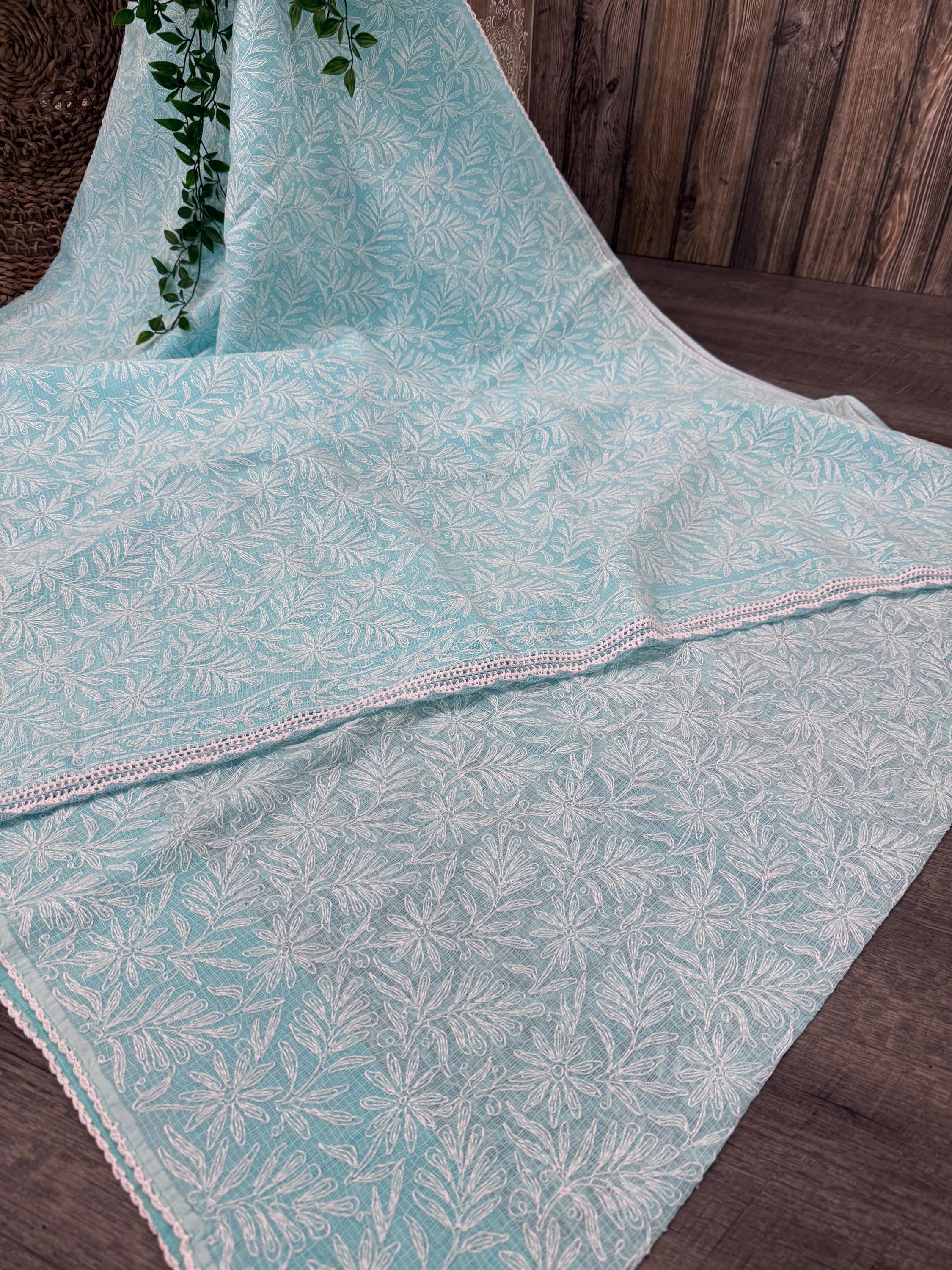 Pure Cotton Hand Embroidered Blue Kota Saree / Chikankari / Free Shipping in US