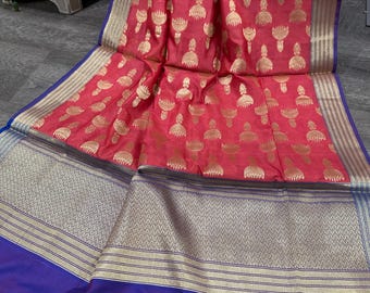 Coral Peach Banarsi Dupatta with Gold Zari /Stole/Wrap/ Free Shipping in US