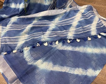Blue Pure Linen Saree / Shibori Linen Saree / Free Shipping In US