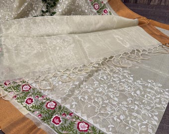 Ivory Kota Tissue Saree with Floral Embroidery /Fall Attached  Free Shipping In US