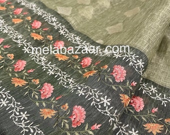 Green Embroidered Soft Kota Tissue Saree / Free Shipping in US