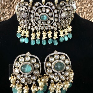 Aquamarine Choker Necklace and Earrings Set /  Free Shipping in US