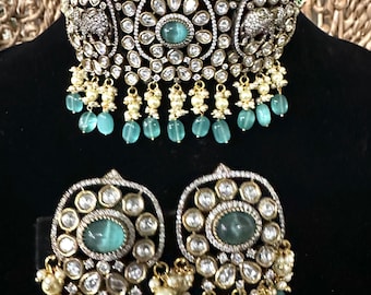 Aquamarine Choker Necklace and Earrings Set /  Free Shipping in US