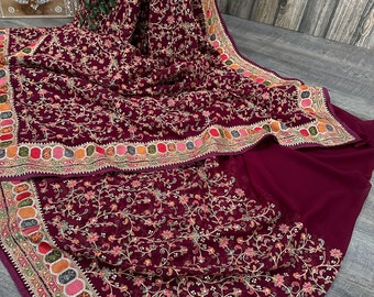 Embroidered Maroon Saree on Georgette /Free Shipping In US