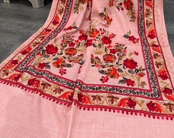 Peachy Pink Embroidered Pure Wool Shawl / Kashmiri Stole / Free Shipping in US