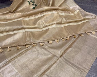 Gold Tissue Banarasi Saree / Vegan Saree /Fall attached /Free Shipping In US