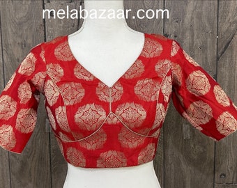 Red Cotton Silk Banarsi Blouse / Free Shipping in US