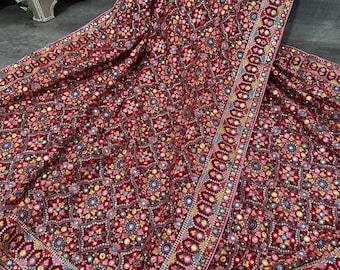 Heavy Embroidered Rani Pink Georgette Dupatta /stole/wrap/ Free Shipping in US