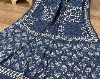Pure Cotton Handprinted Natural Indigo Dupatta/ Free Shipping US