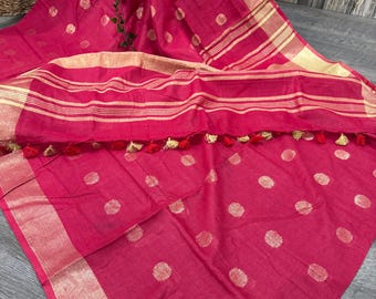 Cherry Red Cotton Linen Saree / Free Shipping in US