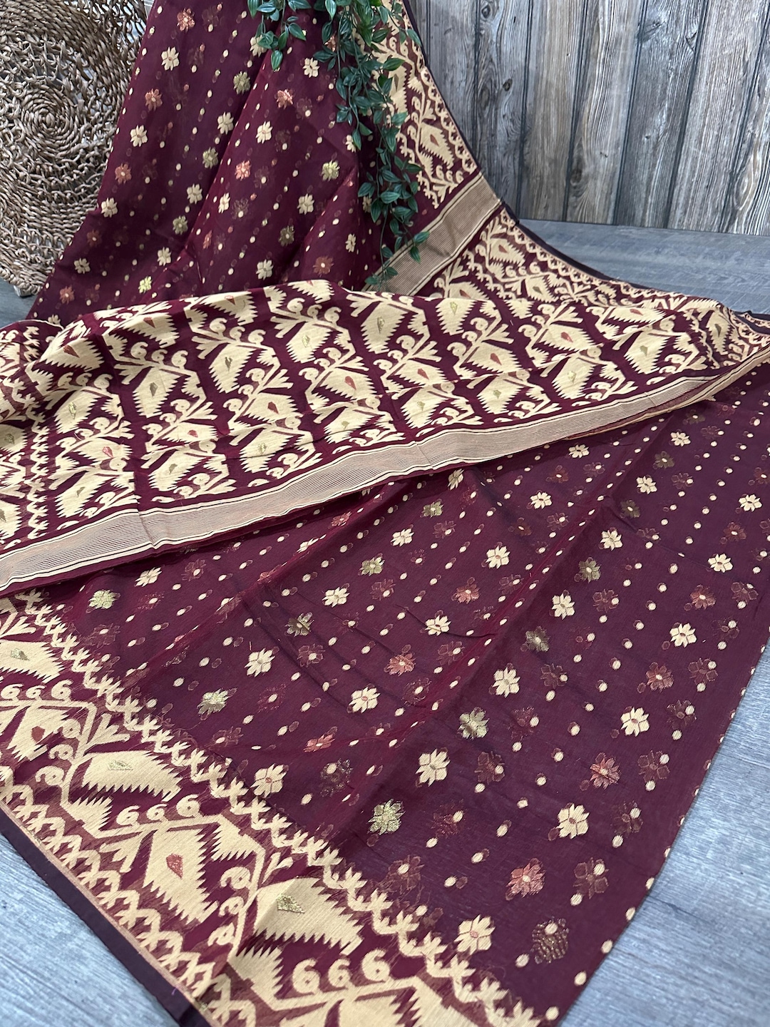 DAN★SHARI★ Dark Maroon Soft Jamdani Saree / Fall Attached /free Shipping in