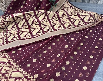 Dark Maroon Soft Jamdani Saree / Fall Attached /Free Shipping In US