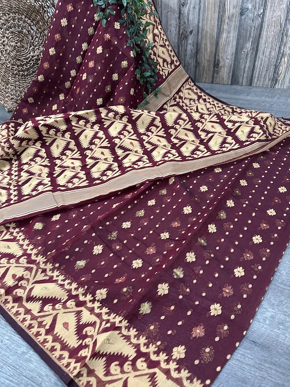 Dark Maroon Soft Jamdani Saree / Fall Attached /free Shipping in