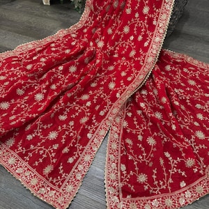 Red Embroidered Dupatta on Vegan Crepe Silk / Free Shipping in US