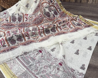 White Silk Linen Madhubani Print Saree /Free Shipping In US