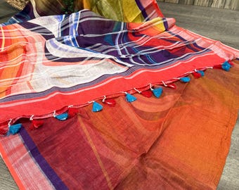 Abstract Print Pure Linen Saree with Zari Border / Free Shipping in US