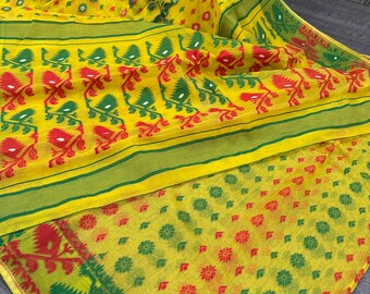 Yellow Jamdani Soft Saree / Fall Attached/ Free Shipping in US