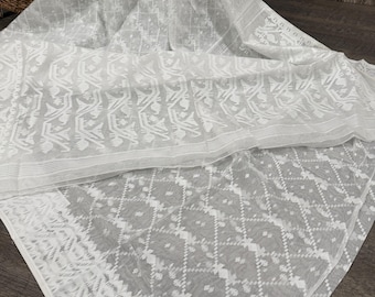 White Jamdani Saree / Fall Attached/ Free Shipping in US