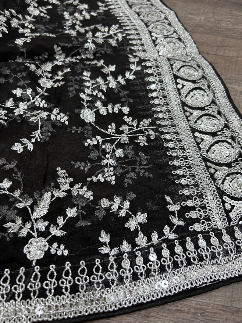 Embroidered Organza Black and Silver Dupatta /Stole /Wrap, Free Shipping in US image 4