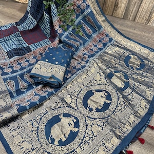 Ajrakh Hand Print Blue Dola Silk Saree with Banarsi Border / Free Shipping in US