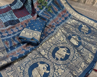 Ajrakh Hand Print Blue Dola Silk Saree with Banarsi Border / Free Shipping in US