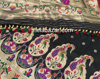 Black Paithani Silk Saree / Fall Attached/ Free Shipping In US