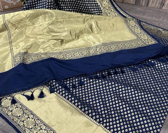 Navy Blue Banarsi Saree /Fall Attached /Free Shipping In US