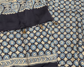 Modal Silk Brown Ajrakh Saree /Hand Printed / Free Shipping in US
