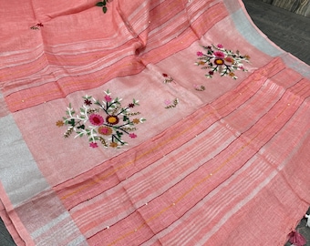 Light Coral Pink Pure Linen Saree Embroidered / 100 count linen saree / Free Shipping In US