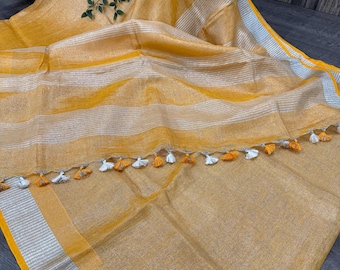Mustard Yellow Tissue Linen Saree with Broad Border /Free Shipping In US
