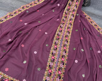Embroidered Dark Mauve Georgette Dupatta /Stole/Wrap, Free Shipping In US