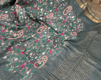Gray Silk Linen Floral Embroidered Saree /Free Shipping In US