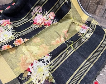 Black Floral Pure Linen Saree  / 100 count linen /Free Shipping In US