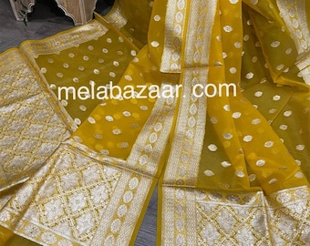 Yellow Banarsi Organza Dupatta /Free Shipping in US
