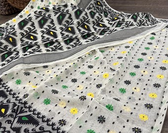 Cream and Black Jamdani Saree / Fall Attached/ Free Shipping in US