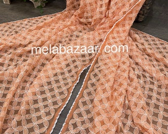 Chikankari Dupatta Orange / Hand Embroidered / Extra Long / Free Shipping in US