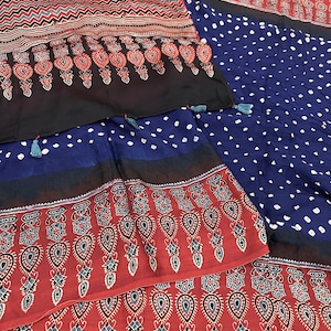 Bandhej and Ajrakh Modal Silk Saree /Hand Printed / Free Shipping in US
