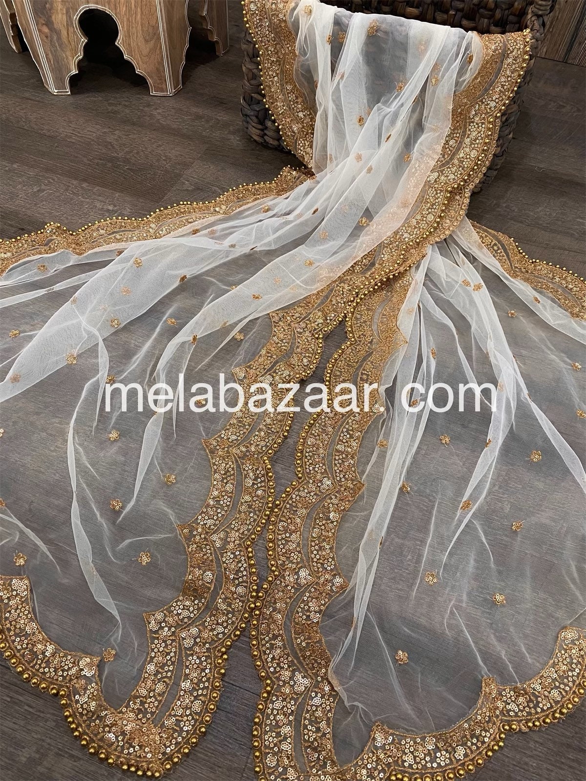 Sequins White Net Dupatta / Stole Wrap, Free Shipping in US