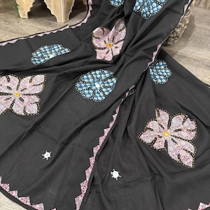 Black Ajrakh Appliqué Dupatta on Pure Cotton / Oversized Scarf / Stole/ Free Shipping in US