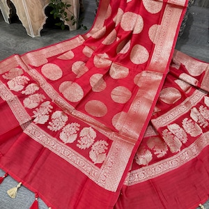 Red Banarasi Dupatta Pure Chanderi Silk by Cotton / Free Shipping in US